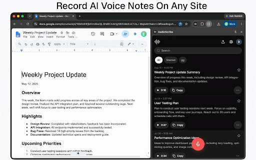 AudioScribe :: Add AudioScribe to your side panel. Turn voice notes into clear, polished text.