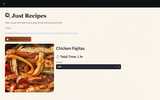 Just Recipes :: Strip ads and fluff from any recipe page — even bot-protected ones. Click the icon to open the current page in Just Recipes.