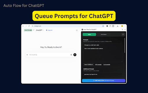 Auto Flow for ChatGPT :: Automate recurring ChatGPT workflows with structured prompt queues and configurable local exports.