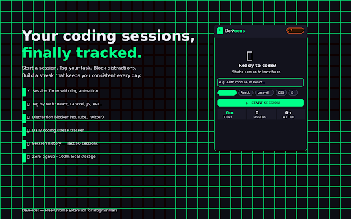 DevFocus — Coder Session Tracker :: Track your coding sessions, block distractions, and build a daily dev streak. Built for programmers.