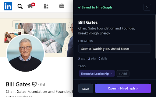 HireGraph — Save LinkedIn Profiles :: One-click save LinkedIn profiles to HireGraph. AI evaluates candidates instantly with structured assessments, match scoring.
