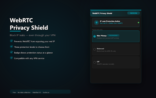 WebRTC Privacy Shield :: Prevent websites from detecting your real IP address via WebRTC leaks. One-click protection with adjustable privacy levels.