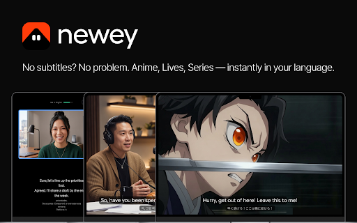 Newey AI — Live Captions & Page Translation :: Translate what you hear and what you read: live subtitles over any video or meeting, plus full-page translation. 60 languages.