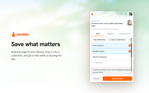 Semble :: Save pages to your Semble library, organize them into collections, and create typed connections between them.