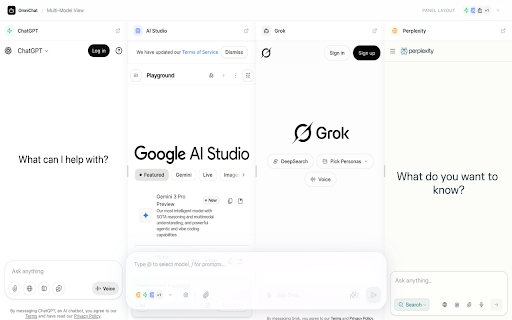 OmniChat - Multi-AI Interface :: Chat with ChatGPT, Gemini, Grok, Perplexity & AI Studio simultaneously. Compare AI responses side-by-side in one unified interface.