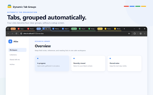 Dynamic Tab Groups :: Automatically group tabs by domain with favicon-based group colors. Ungroups when only one tab remains.