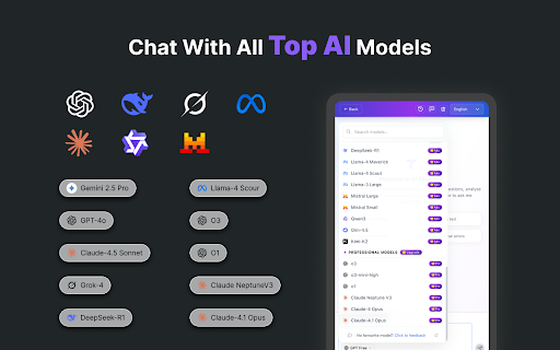Chat with all Top AI:ChatGPT-5、Gemini、Grok4、Claude4.5、Deepseek:AI Sidebar :: ChatGPT, Gemini, Claude, Grok, Mistral and 40+ models in one AI sidebar for web reading, summarization, translation, and writing.