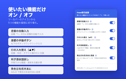 freee取引拡張 :: freee会計の取引登録を効率化。明細との差額をワンクリック/自動入力、発生日を前月末に変更(Alt+D)、行の▲▼並べ替え、利子の源泉割戻しに対応。各機能オン/オフ可。