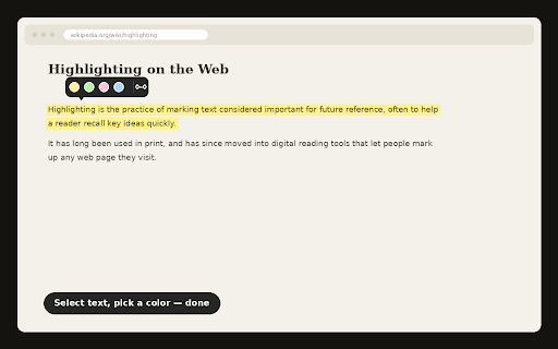 Highlighter Notes :: Select text on any page, highlight it, and automatically save the source URL, title, and time for later review.