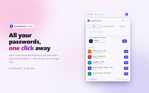 StackyOps Vault :: Fill logins from your StackyOps organization vault on matching sites — securely, over your org's own audit trail.