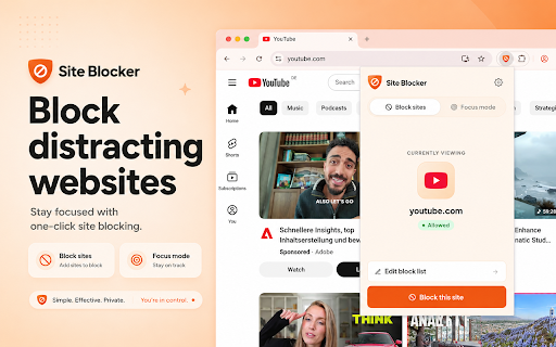 Site Blocker :: Use Site Blocker to block websites on chrome and stay focused with a pomodoro timer app and focus timer for productivity