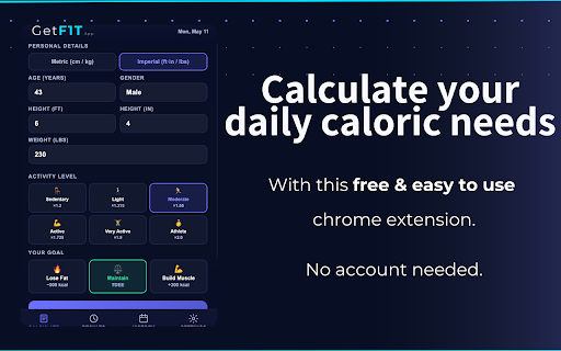 Free Calorie Calculator by GetFIT App :: Calculate your daily calorie needs & macro breakdown instantly. Track your history on a calendar. A free tool by GetFIT App.