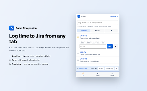 Pulse Companion — Log time to Jira :: Log time to Jira from any tab, with a popup and right-click menu. A companion to the free Pulse app for Jira.