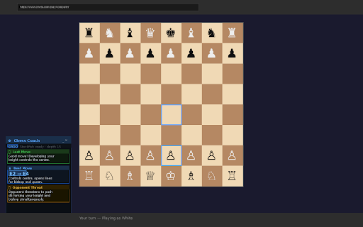 Chess Coach AI :: Real-time chess coaching overlay for Chess.com. Powered by Stockfish engine with Groq and Gemini AI explanations for beginners.