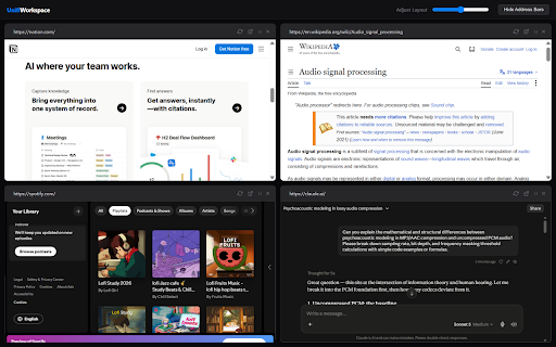UnifiWorkspace :: A seamless multi-pane productivity canvas workspace for simultaneous browsing.