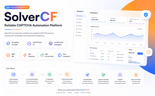 SolverCF :: Automatically solve Cloudflare Turnstile, Google reCAPTCHA v3, and reCAPTCHA v3 Enterprise challenges via solvercf.com.