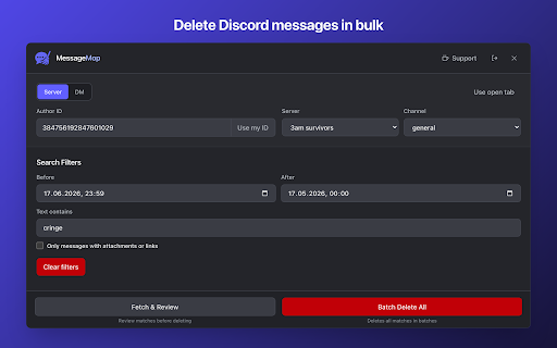 MessageMop – Discord Message Remover :: Find, filter, and delete Discord messages in your browser.