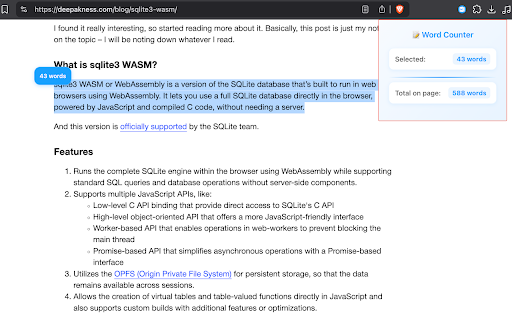 Word Counter on Highlight :: Shows word count when you select text on any website