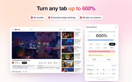 Volume Boost :: Simple volume boost for every Chrome tab: a volume booster up to 600% without crackle, with bass booster, equalizer and tab mixer.