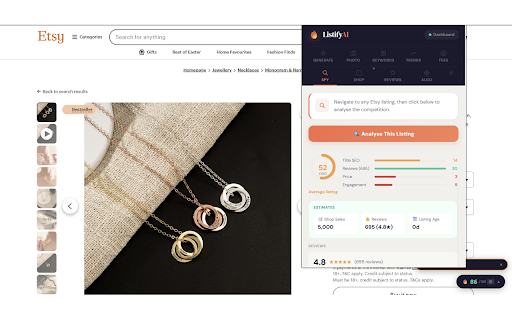 ListifyAI — Etsy Listing Generator :: 16 AI tools in one. Generate Etsy listings from text or photo, spy on competitors, keyword research & revenue estimates.