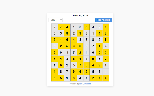 Daily Sudoku Answers :: Get daily NYT Sudoku answers for Easy, Medium, and Hard levels. A simple hint tool for players.