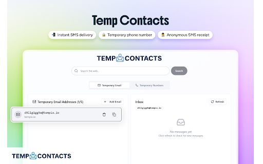Temporary Contacts – Temp Phone Number and Temp Mail Instantly :: Instant Temp Phone Number and Temp Mail in every new tab — stay private, avoid spam, and protect your real contact info.