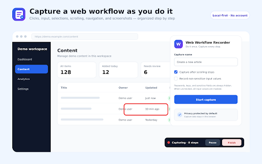 Web Workflow Recorder :: Record clicks, input, selections, scrolling, and navigation. Export visual step-by-step reports and AI-ready workflow packages.