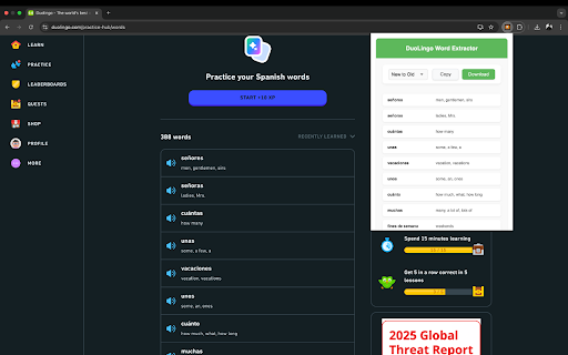 DuoLingo Word Extractor :: Extract words and meanings from Duolingo and view them in a simple table