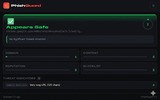 PhishGuard :: Real-time phishing detection: blocklist, domain analysis, NLP content scanning, and threat intelligence APIs.
