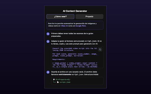 AI Content Generator :: Extensión de Chrome para automatizar la generación de imágenes y videos en Vibes AI y Google Flow.