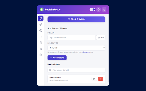 ReclaimFocus :: Block distracting sites, cap browsing time, filter keywords, schedule reminders, and reach focus. 100% local, no tracking.