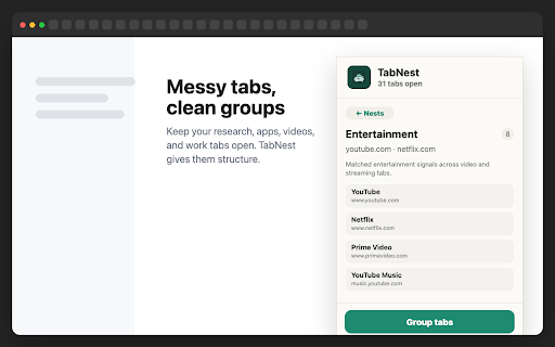 TabNest :: Private tab clustering for messy browser workspaces.