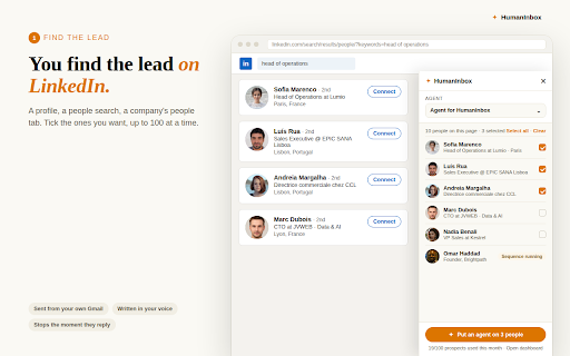 HumanInbox - Email Finder & AI Outreach Agent :: Email finder + AI agent: finds the email of any professional profile, writes the cold email, sends from your Gmail, follows up.