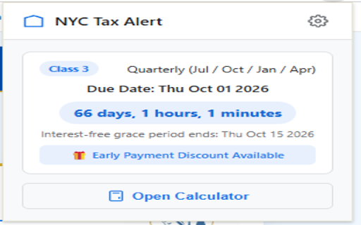 NYC Property Tax Alert :: Alerts NYC property owners of upcoming tax due dates with countdowns, reminders, and optional tax calculation tools.
