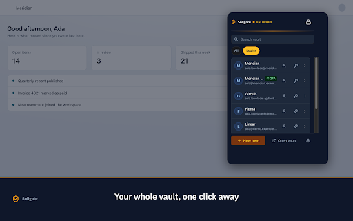 Soligate :: Zero-knowledge password manager: autofill logins, generate strong passwords. Vault encrypted on your device.