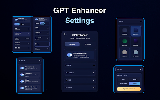 GPT Enhancer: Export, Themes, Prompts & RTL for ChatGPT :: Enhance ChatGPT with themes, fonts, KaTeX copy, prompt library, and chat export — lightweight and private.