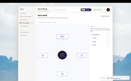 ATLAS - AI Memory Layer :: Capture AI chats in one click. Search decisions and tasks later. Build portable Artefacts via MCP. No full transcript stored.