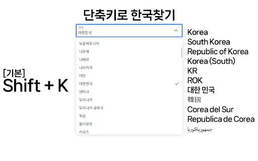 Korea Finder :: Shift+K (customizable) 로 각종 사이트의 국가 선택 목록에서 한국(South Korea / Republic of Korea / 대한민국 등)을 자동 선택.