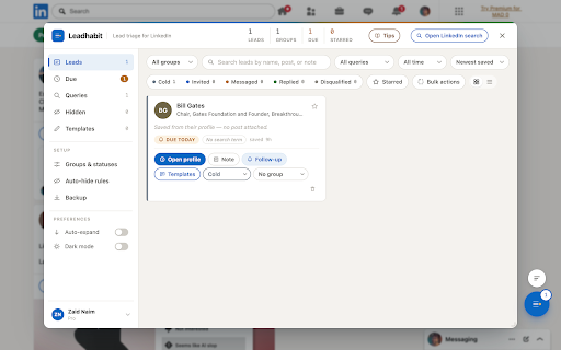 Leadhabit — LinkedIn Lead Tracker & Follow-Ups :: Save leads from your LinkedIn feed and searches, then track statuses, notes and follow-ups so no warm lead goes cold.
