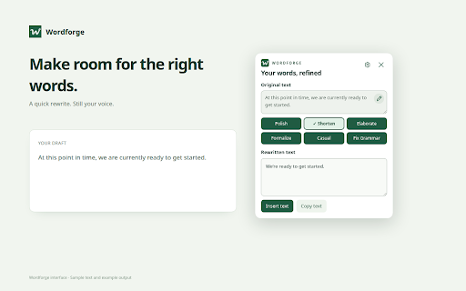Wordforge :: Rewrite text and check spelling, grammar, and sentence clarity using your own AI provider API key.
