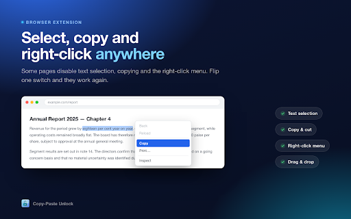 Copy-Paste Unlock :: Re-enables copy, cut, paste, right-click, and text selection on pages that block them.