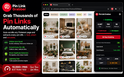 Pin Link Grabber – Pinterest RSS Feed Generator :: Generate RSS feeds from Pinterest searches, boards, and pages, extract pin URLs, and export results to CSV or TXT.