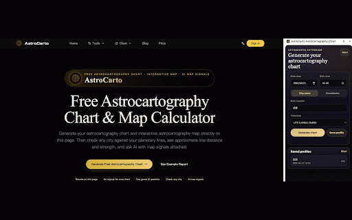 AstroCarto Astrocartography Chart :: Generate an astrocartography chart in Chrome, save local profiles, and check selected cities against planetary lines.