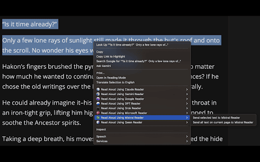 Mistral Read Aloud: Free AI Text to Speech Reader :: Turn Word files, PDFs, pasted text, and documents into natural audio with Mistral voices. Listen, control playback, or download.