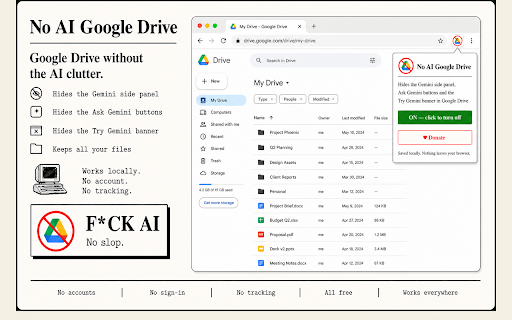 No AI Google Drive :: Hides Google Drive's AI features. Unofficial, not affiliated with Google Drive. Local only.