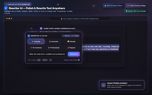 Rewriter AI :: Inline AI text assistant to rewrite, refine, or summarize text on any webpage using your own API keys.