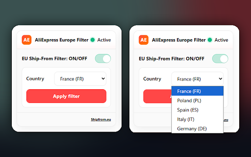 AliExpress Europe Extension :: Helps filter AliExpress search results by preferred EU ship-from countries.