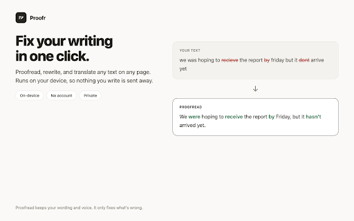 Proofr – Private AI Proofreader & Rewriter :: Private AI that proofreads, rewrites in any tone, and translates. Works on your device, no account needed.