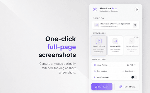 AkovoLabs Snap :: Capture full-page screenshots and extract any webpage into a ready-to-run React project with AI.