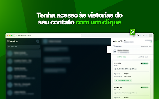 Vex - Painel de Vistorias :: Exibe informações do sistema Vex (vistorias e auto inspeções) do contato ao lado das conversas do WhatsApp Web.